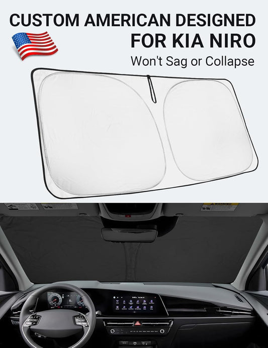 Custom American designed 2017-2022 Kia Niro windshield sunshade, will not sag or collapse