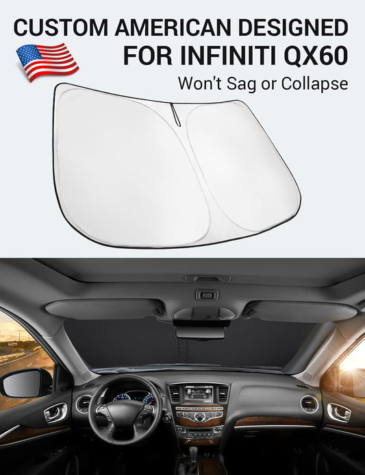 Custom American designed 2014-2021 Infiniti QX60 windshield sunshade, will not sag or collapse