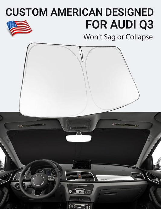 Custom American designed 2013-2018 Audi Q3 windshield sunshade, will not sag or collapse