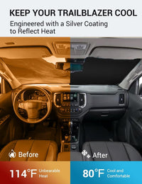 2021-2026 Chevrolet Trailblazer windshield sun shade keeps car interior cool, before and after comparison