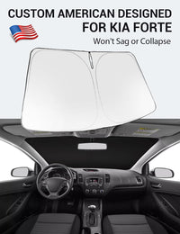 Custom American designed 2014-2018 Kia Forte windshield sunshade, will not sag or collapse
