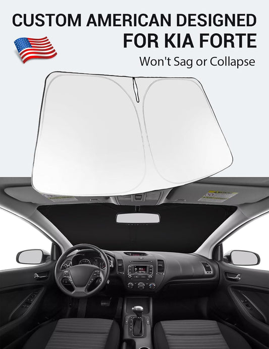 Custom American designed 2014-2018 Kia Forte windshield sunshade, will not sag or collapse