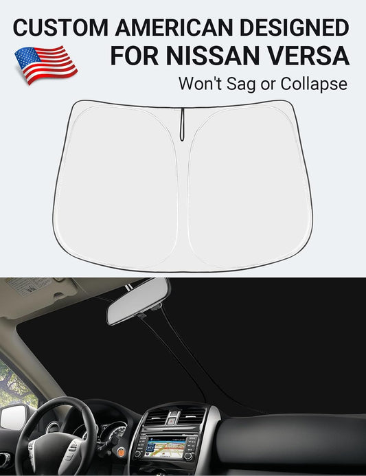 Custom American designed 2015-2019 Nissan Versa windshield sunshade, will not sag or collapse