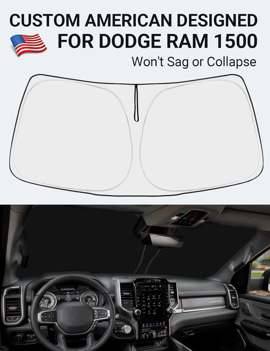 Custom American designed 2019-2026 Dodge RAM 1500 2Dr windshield sunshade, will not sag or collapse
