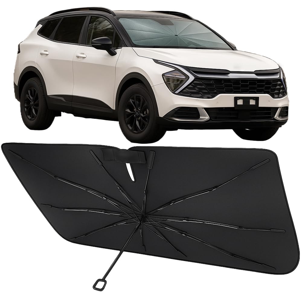 Proadsy Windshield Sun Shade Umbrella for Kia Sportage 2023-2025 2026 Foldable Car Umbrella Sunshade with Soft TPU Handle Spring Structure Crystal Cooling Material Protect Car from Rays & Heat