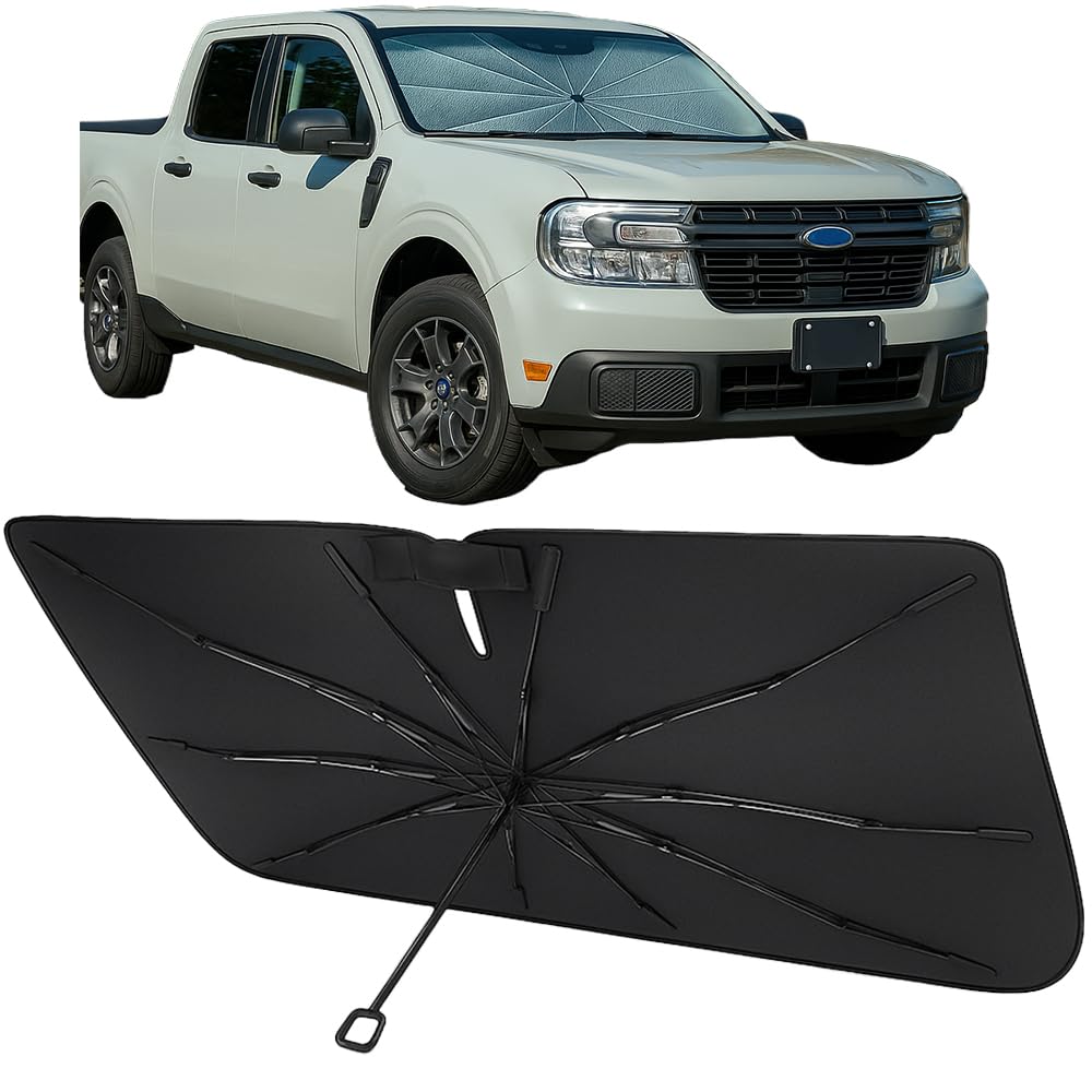 Proadsy Windshield Sun Shade Umbrella for Ford Maverick 2022-2025 2026 Foldable Car Umbrella Sunshade with Soft TPU Handle Spring Structure Crystal Cooling Material Protect Car from Rays & Heat