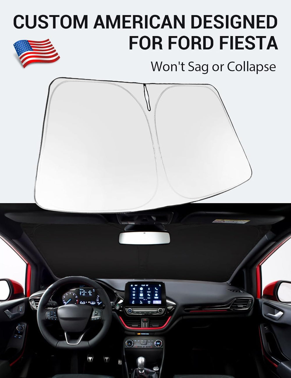 Proadsy 2026 Upgrade Windshield Sun Shade Custom Fit 2017-2019 Ford Fiesta Foldable Front Sunshade Protector Sun Visor Blocks UV Rays Keep Car Cooler