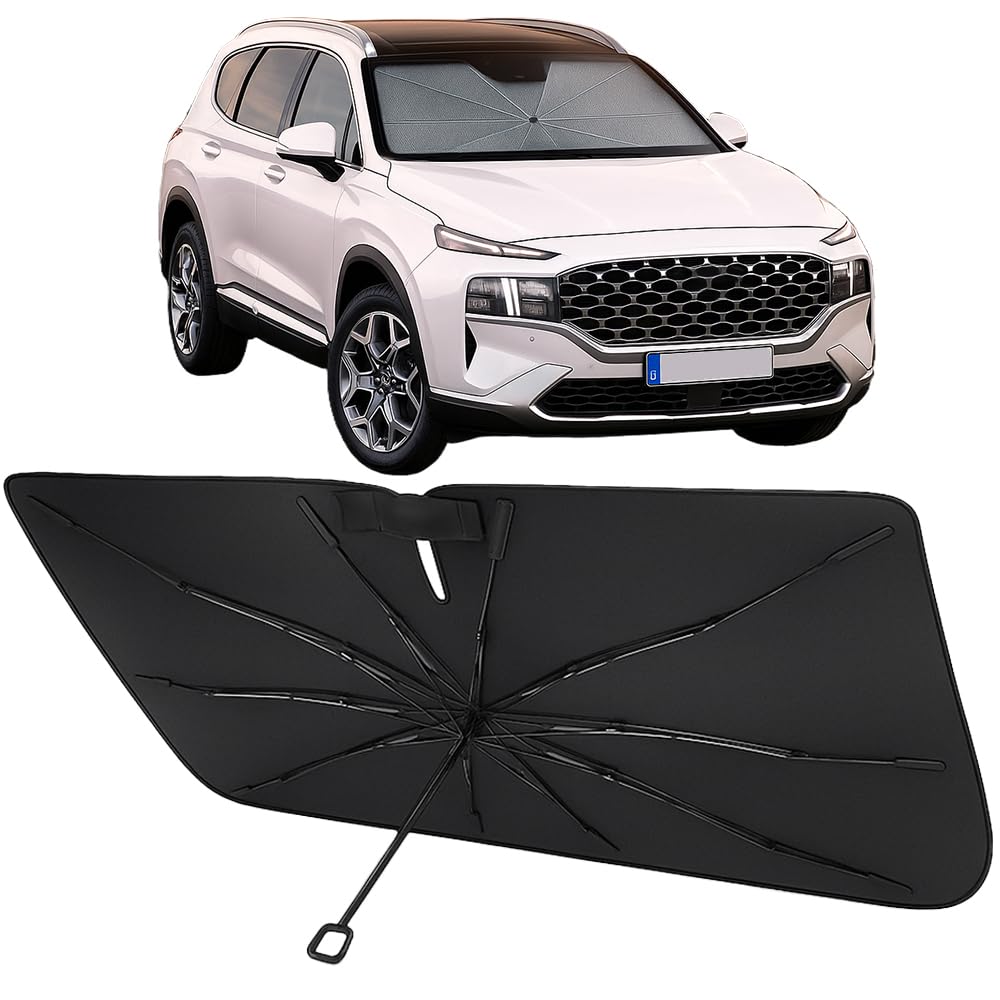 Proadsy Windshield Sun Shade Umbrella for Hyundai Santa Fe 2019-2023 Foldable Car Umbrella Sunshade with Soft TPU Handle Spring Structure Crystal Cooling Material Protect Car from Rays & Heat