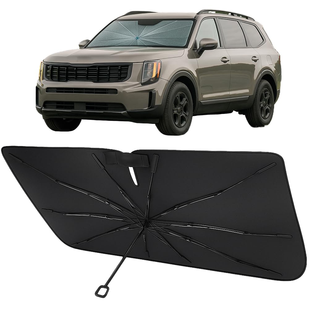 Proadsy Windshield Sun Shade Umbrella for Kia Sorento 2021-2025 2026 Foldable Car Umbrella Sunshade with Soft TPU Handle Spring Structure Crystal Cooling Material Protect Car from Rays & Heat