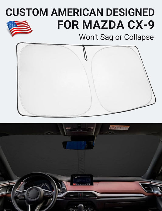 Custom American designed 2016-2023 Mazda CX-9 windshield sunshade, will not sag or collapse