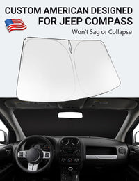 Custom American designed 2007-2017 Jeep Compass windshield sunshade, will not sag or collapse