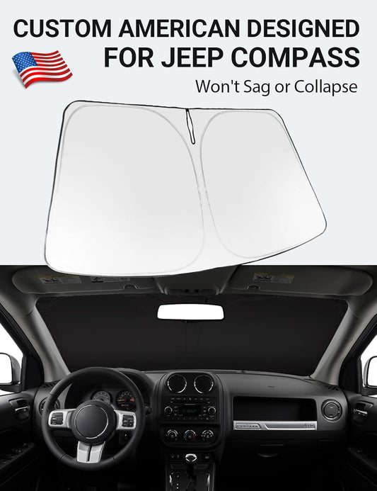 Custom American designed 2007-2017 Jeep Compass windshield sunshade, will not sag or collapse