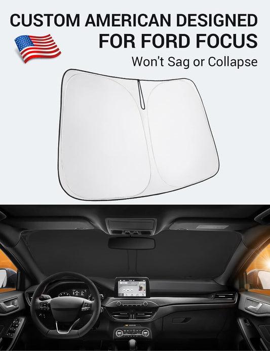 Custom American designed 2012-2018 Ford Focus S windshield sunshade, will not sag or collapse
