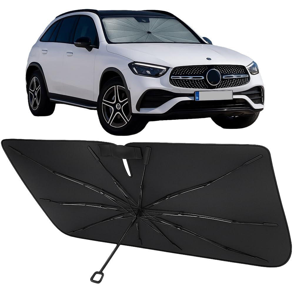 Proadsy Windshield Sun Shade Umbrella for Mercedes-Benz GLC 2023-2025 2026 Foldable Car Umbrella Sunshade with Soft TPU Handle Spring Structure Crystal Cooling Material Protect Car from Rays & Heat