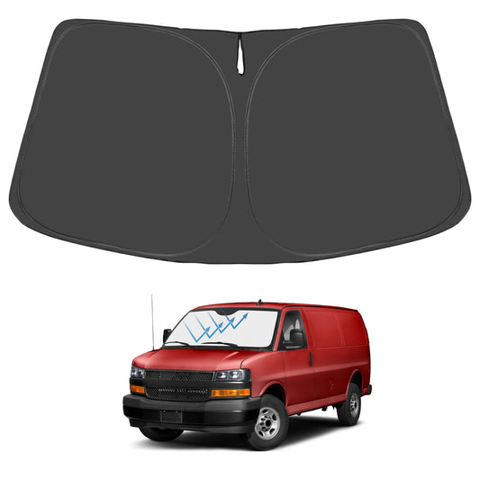Proadsy Windshield Sunshade Custom Fit for 1996-2025 Chevrolet Express Cargo Van, Foldable 4-Layer UV Protection Sun Shade