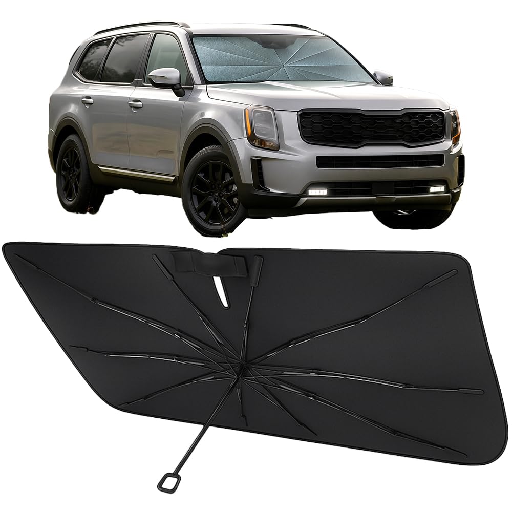 Proadsy Windshield Sun Shade Umbrella for Kia Telluride 2020-2025 Foldable Car Umbrella Sunshade with Soft TPU Handle Spring Structure Crystal Cooling Material Protect Car from Rays & Heat
