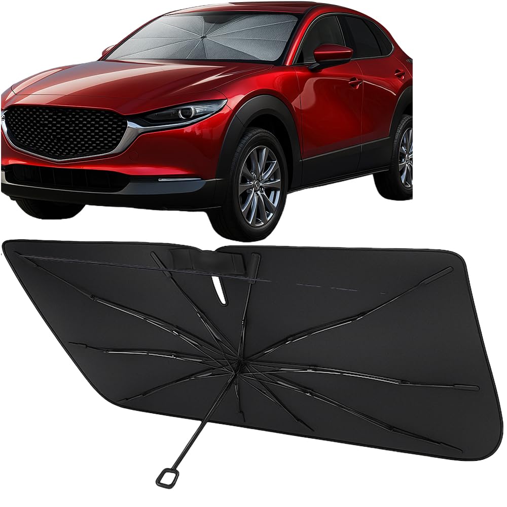 Proadsy Windshield Sun Shade Umbrella for Mazda CX-30 2020-2025 2026 Foldable Car Umbrella Sunshade with Soft TPU Handle Spring Structure Crystal Cooling Material Protect Car from Rays & Heat