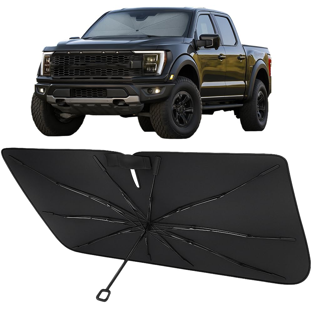 Proadsy Windshield Sun Shade Umbrella for Ford Ranger 2019-2025 2026 Foldable Car Umbrella Sunshade with Soft TPU Handle Spring Structure Crystal Cooling Material Protect Car from Rays & Heat