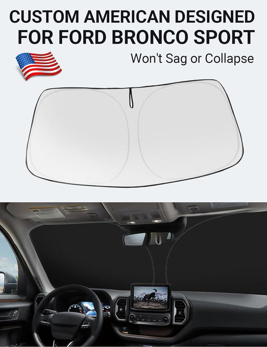 Custom American designed 2021-2026 Ford Bronco Sport windshield sunshade, will not sag or collapse