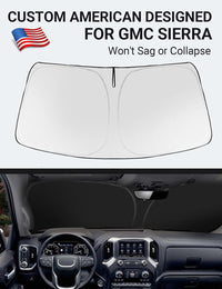 Custom American designed 2019-2026 GMC Sierra windshield sunshade, will not sag or collapse