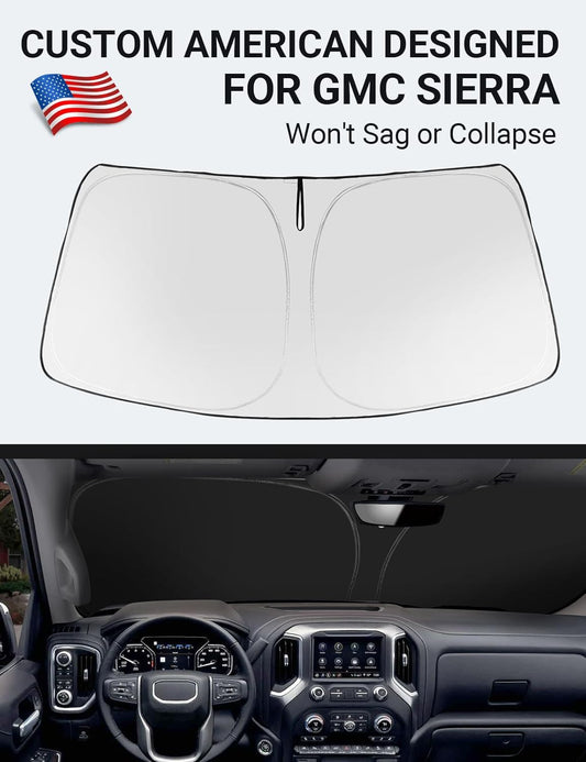 Custom American designed 2019-2026 GMC Sierra windshield sunshade, will not sag or collapse
