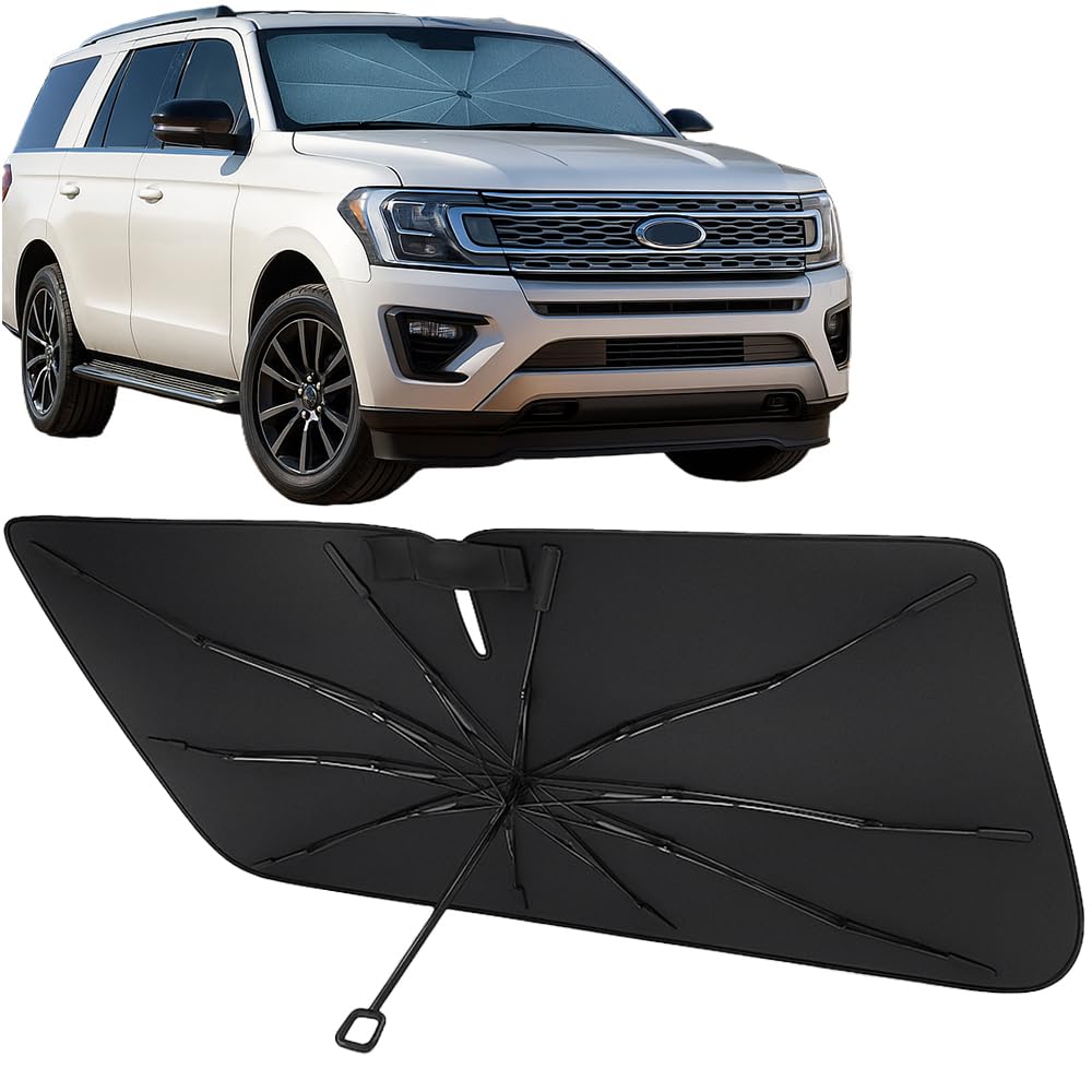 Proadsy Windshield Sun Shade Umbrella for Ford Expedition 2018-2025 2026 Foldable Car Umbrella Sunshade with Soft TPU Handle Spring Structure Crystal Cooling Material Protect Car from Rays & Heat
