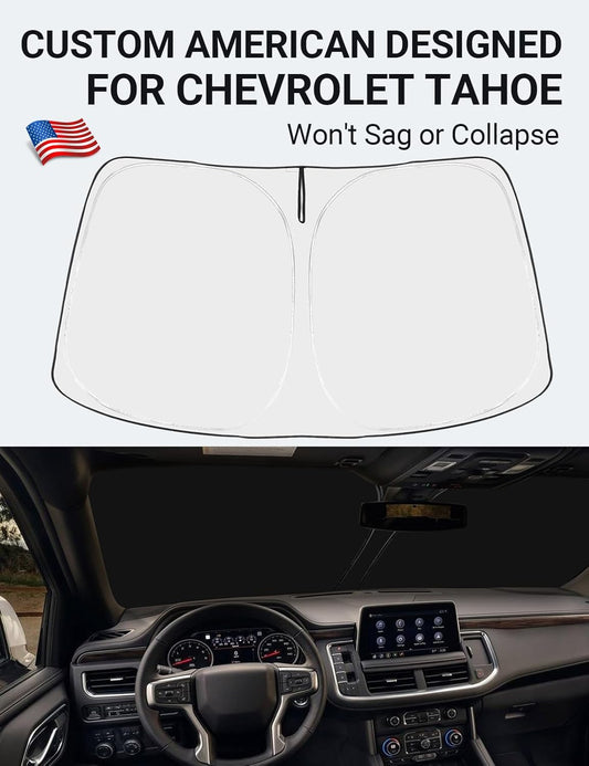 Custom American designed 2021-2026 Chevrolet Tahoe windshield sunshade, will not sag or collapse