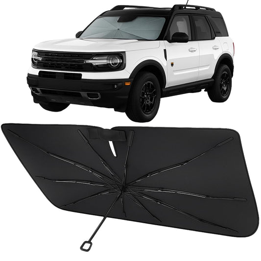 Proadsy Windshield Sun Shade Umbrella for Ford Bronco Sport 2021-2025 2026 Foldable Car Umbrella Sunshade with Soft TPU Handle Spring Structure Crystal Cooling Material Protect Car from Rays & Heat