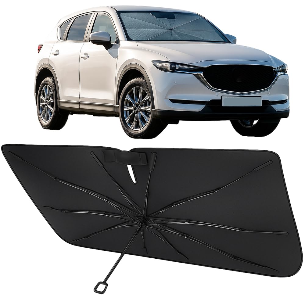Proadsy Windshield Sun Shade Umbrella for Mazda CX-5 2017-2025 2026 Foldable Car Umbrella Sunshade with Soft TPU Handle Spring Structure Crystal Cooling Material Protect Car from Rays & Heat