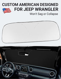 Custom American designed 2018-2025 Jeep Wrangler JL JLU windshield sunshade, will not sag or collapse