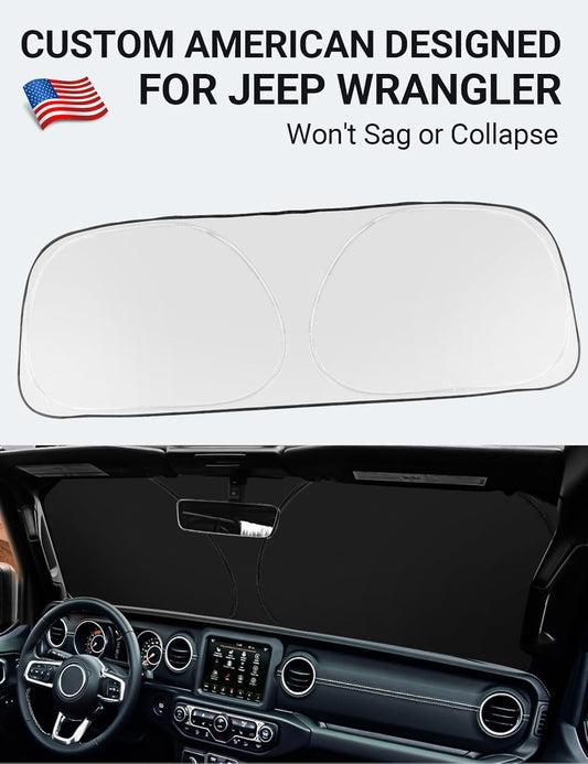Custom American designed 2018-2025 Jeep Wrangler JL JLU windshield sunshade, will not sag or collapse