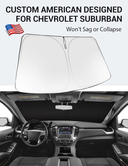 Custom American designed 2015-2020 Chevrolet Suburban windshield sunshade, will not sag or collapse