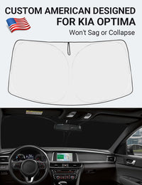 Custom American designed 2016-2020 Kia Optima windshield sunshade, will not sag or collapse