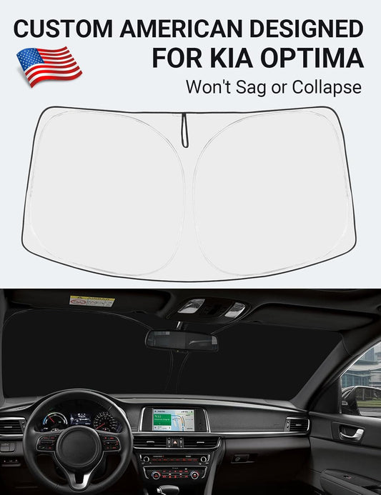 Custom American designed 2016-2020 Kia Optima windshield sunshade, will not sag or collapse