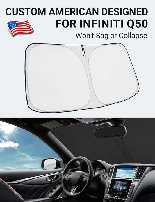 Custom American designed 2014-2024 Infiniti Q50 windshield sunshade, will not sag or collapse