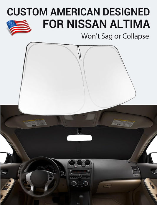 Custom American designed 2007-2012 Nissan Altima windshield sunshade, will not sag or collapse