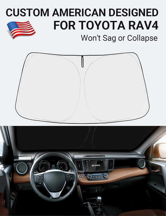 Custom American designed 2013-2018 Toyota RAV4 windshield sunshade, will not sag or collapse