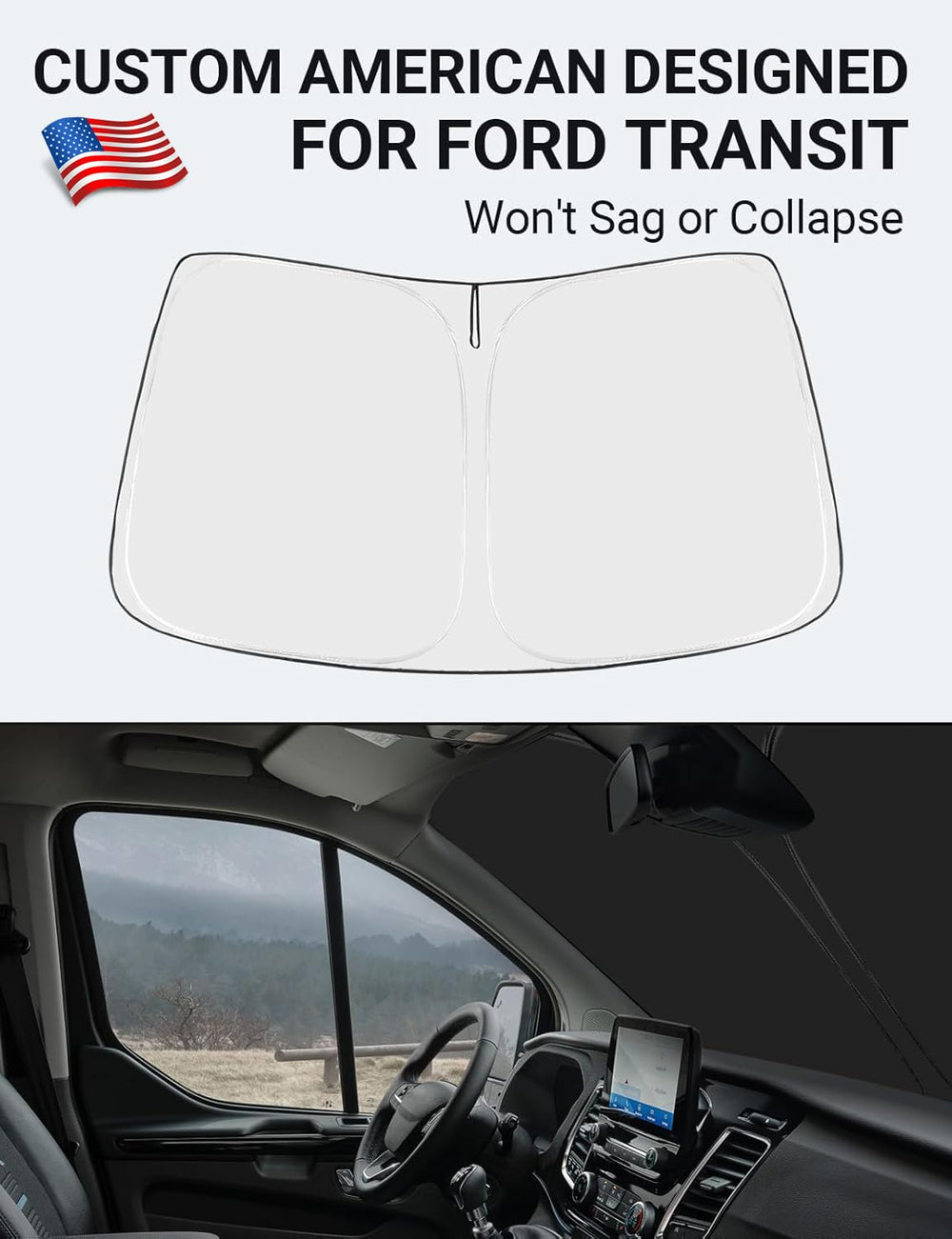 Proadsy Windshield Sun Shade for 2015-2025 2026 Ford Transit 4-Layer Foldable Front Sunshade Protector Sun Visor Blocks UV Rays Keep Car Cooler