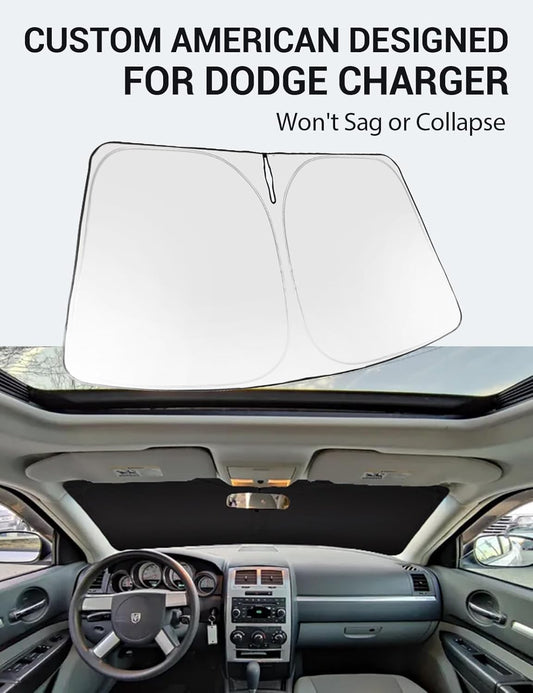 Custom American designed 2006-2010 Dodge Charger windshield sunshade, will not sag or collapse