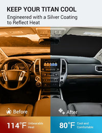 2020-2024 Nissan Titan windshield sun shade keeps car interior cool, before and after comparison
