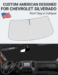 Custom American designed 2014-2018 Chevrolet Silverado windshield sunshade, will not sag or collapse