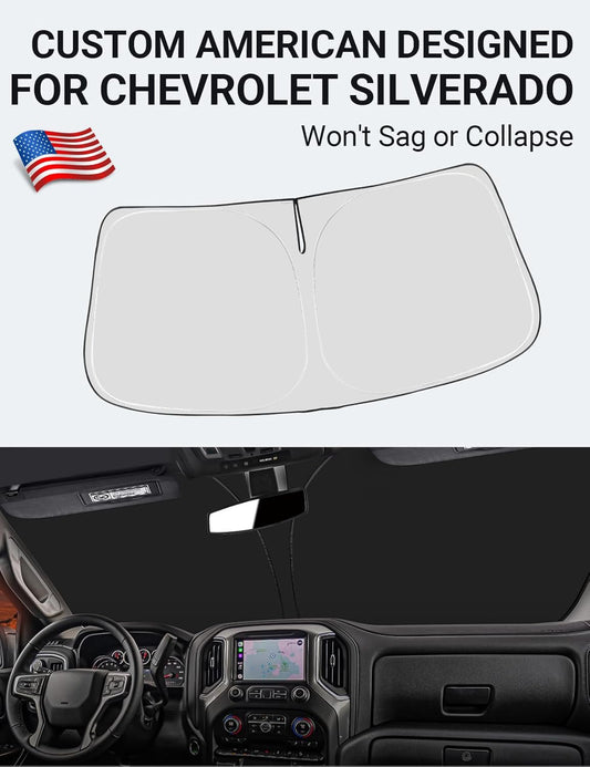 Custom American designed 2014-2018 Chevrolet Silverado windshield sunshade, will not sag or collapse