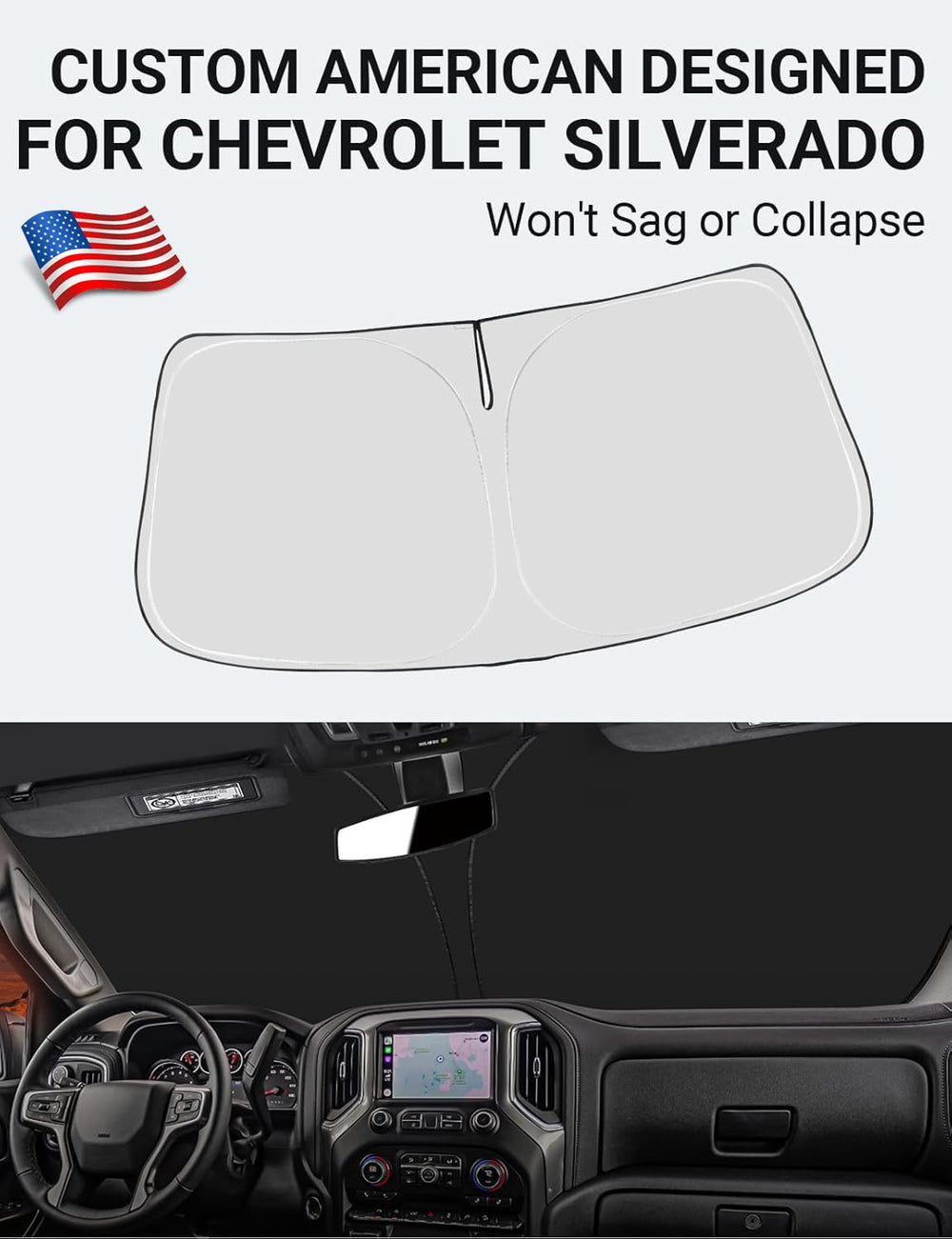 Front Windshield Sunshade Foldable Sun Shade Protector Custom Fit 2018 2017 2016 2015 2014 Silverado 1500, Regular cab, Crew cab, Double Cab 2Dr 4Dr Accessories Upgrade