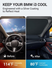 2014-2022 BMW i3 windshield sun shade keeps car interior cool, before and after comparison