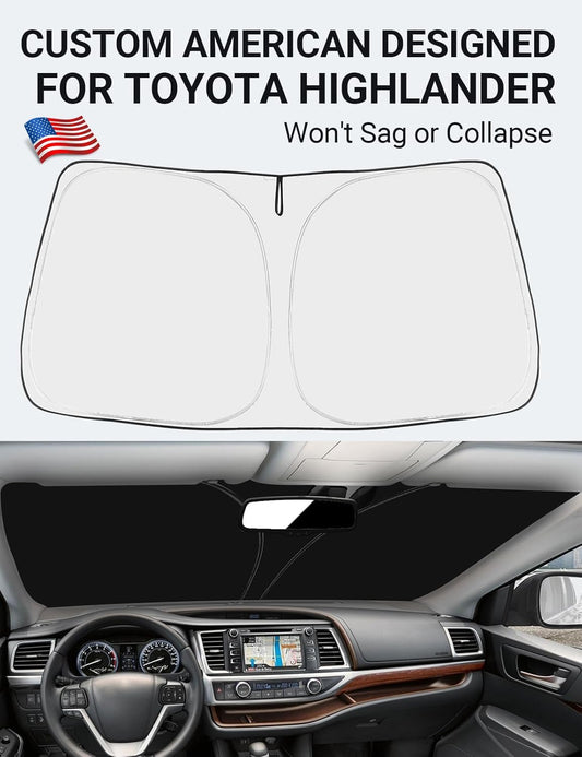 Custom American designed 2014-2019 Toyota Highlander windshield sunshade, will not sag or collapse