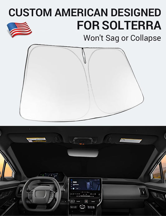 Custom American designed 2023-2026 Subaru Solterra windshield sunshade, will not sag or collapse
