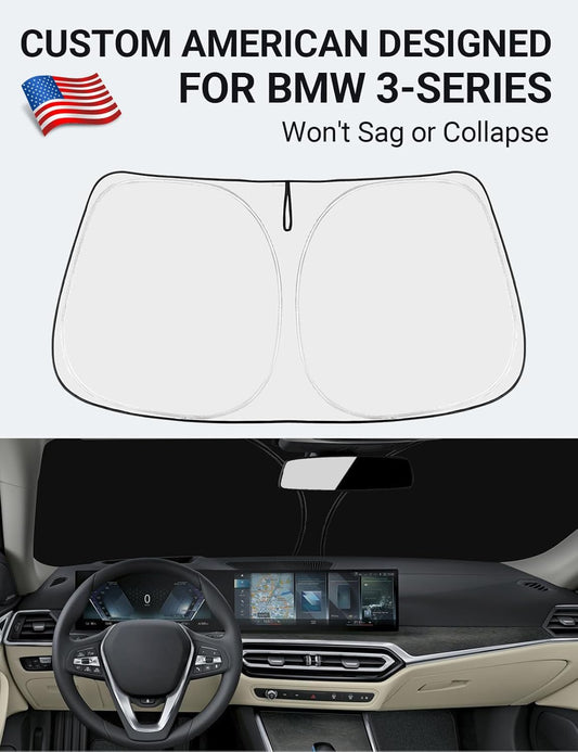 Custom American designed 2019-2025 BMW 3 Series windshield sunshade, will not sag or collapse