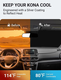 2018-2025 Hyundai Kona windshield sun shade keeps car interior cool, before and after comparison