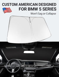 Custom American designed 2011-2016 BMW 5 Series windshield sunshade, will not sag or collapse