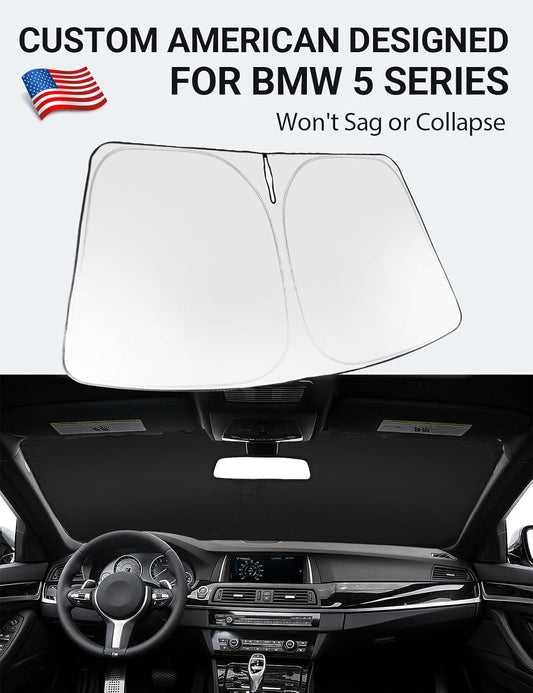 Custom American designed 2011-2016 BMW 5 Series windshield sunshade, will not sag or collapse